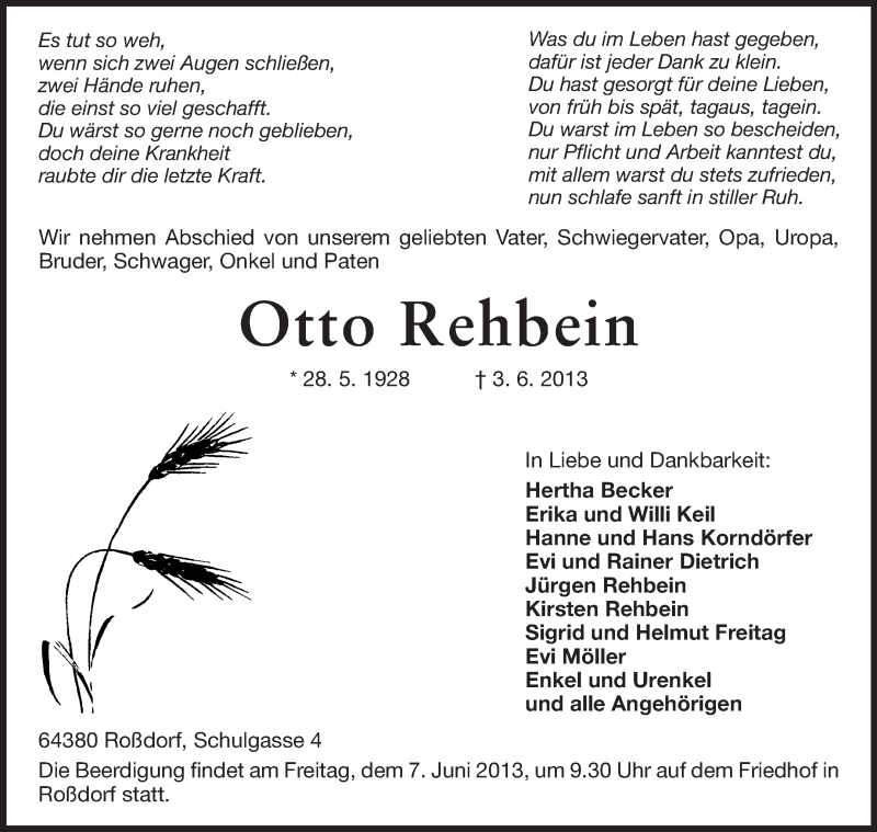  Traueranzeige für Otto Rehbein vom 05.06.2013 aus Echo-Zeitungen (Gesamtausgabe)