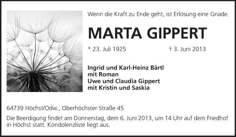  Traueranzeige für Marta Gippert vom 05.06.2013 aus Odenwälder Echo