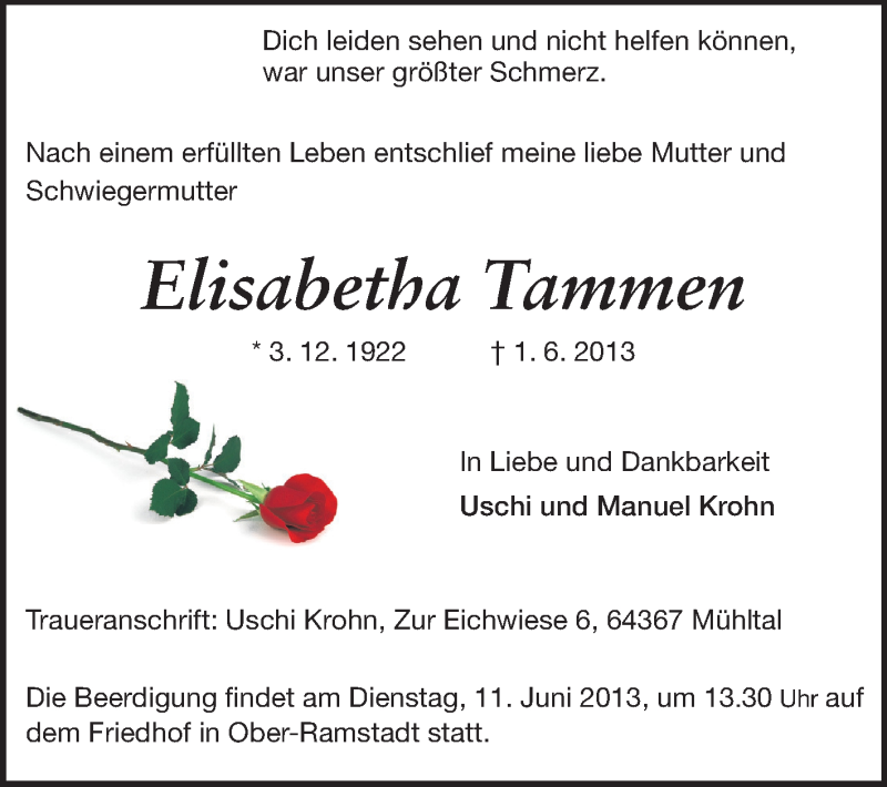  Traueranzeige für Elisabetha Tammen vom 05.06.2013 aus Echo-Zeitungen (Gesamtausgabe)