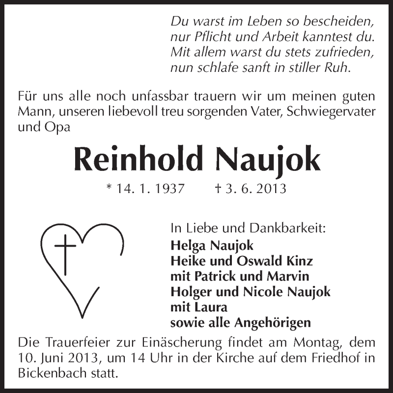  Traueranzeige für Reinhold Naujok vom 06.06.2013 aus Echo-Zeitungen (Gesamtausgabe)