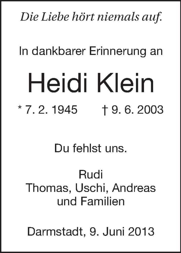  Traueranzeige für Heidi Klein vom 08.06.2013 aus Echo-Zeitungen (Gesamtausgabe)
