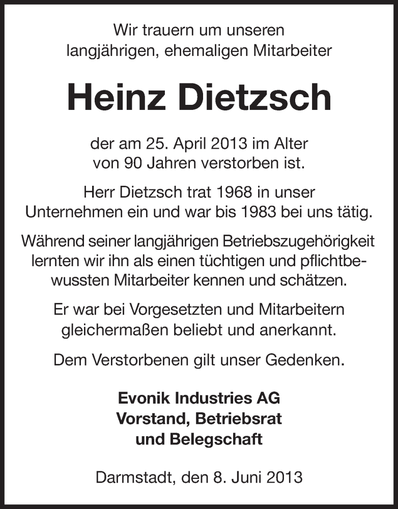  Traueranzeige für Heinz Dietzsch vom 08.06.2013 aus Echo-Zeitungen (Gesamtausgabe)