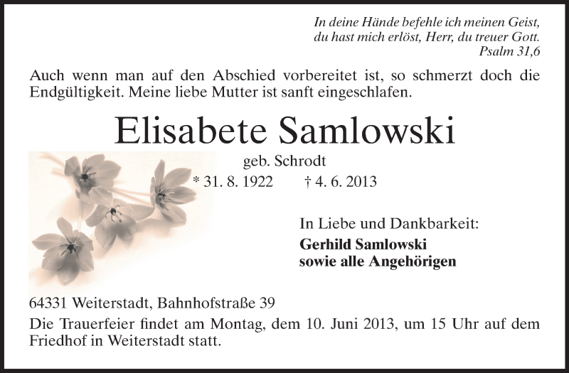  Traueranzeige für Elisabete Samlowski vom 08.06.2013 aus Echo-Zeitungen (Gesamtausgabe)