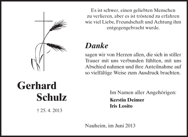  Traueranzeige für Gerhard Schulz vom 08.06.2013 aus Rüsselsheimer Echo, Groß-Gerauer-Echo, Ried Echo