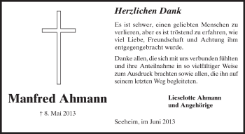 Traueranzeige von Manfred Ahmann von Echo-Zeitungen (Gesamtausgabe)