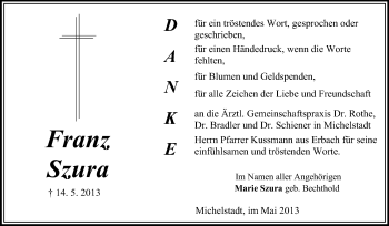 Traueranzeige von Franz Szura von Odenwälder Echo