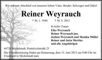 Traueranzeige von Reiner Weyrauch von Odenwälder Echo