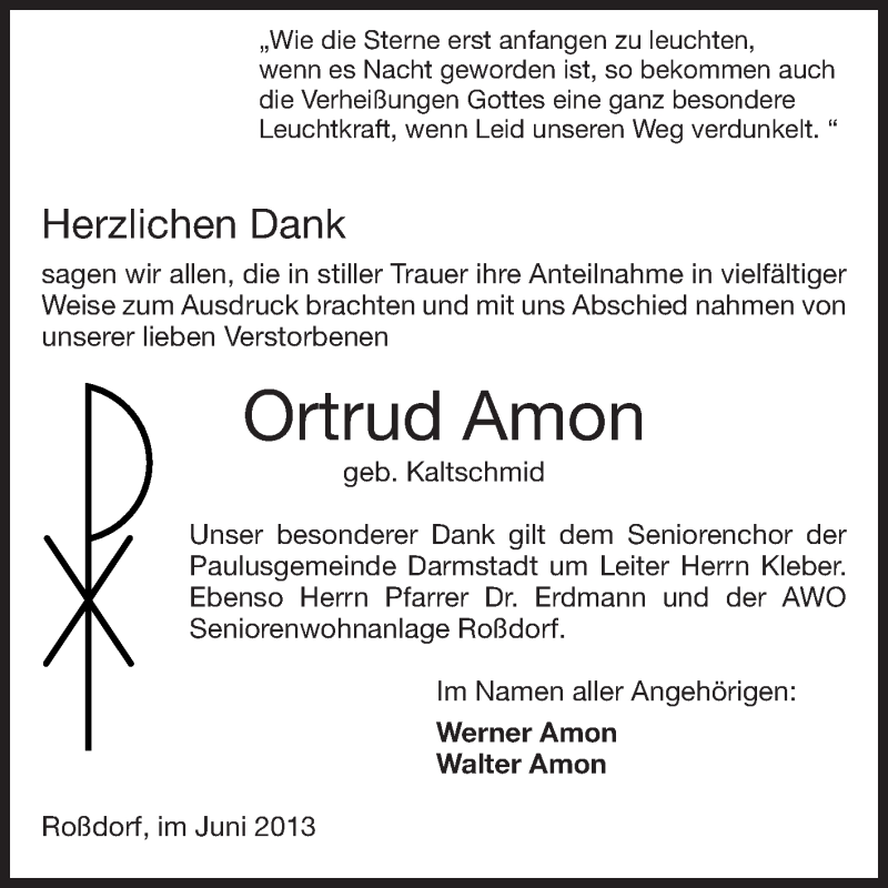  Traueranzeige für Ortrud Amon vom 08.06.2013 aus Echo-Zeitungen (Gesamtausgabe)