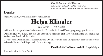 Traueranzeige von Helga Klingler von Odenwälder Echo