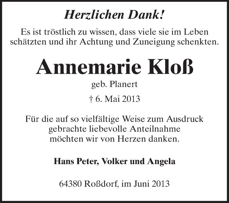  Traueranzeige für Annemarie Kloß vom 08.06.2013 aus Echo-Zeitungen (Gesamtausgabe)