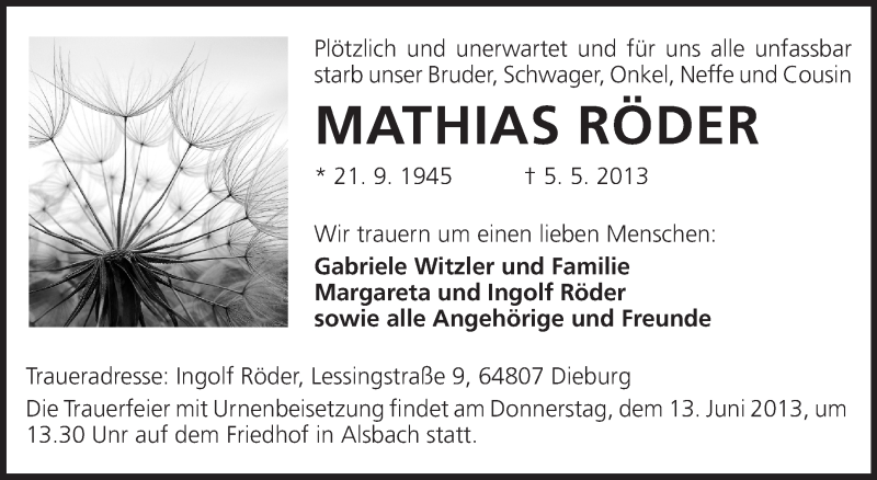  Traueranzeige für Mathias Röder vom 08.06.2013 aus Echo-Zeitungen (Gesamtausgabe)