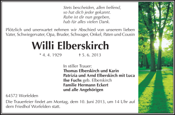 Traueranzeige von Willi Elberskirch von Rüsselsheimer Echo, Groß-Gerauer-Echo, Ried Echo
