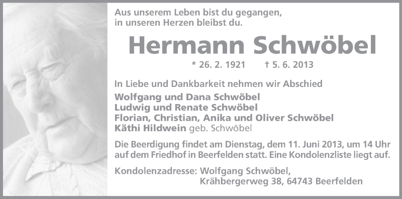  Traueranzeige für Hermann Schwöbel vom 07.06.2013 aus Odenwälder Echo