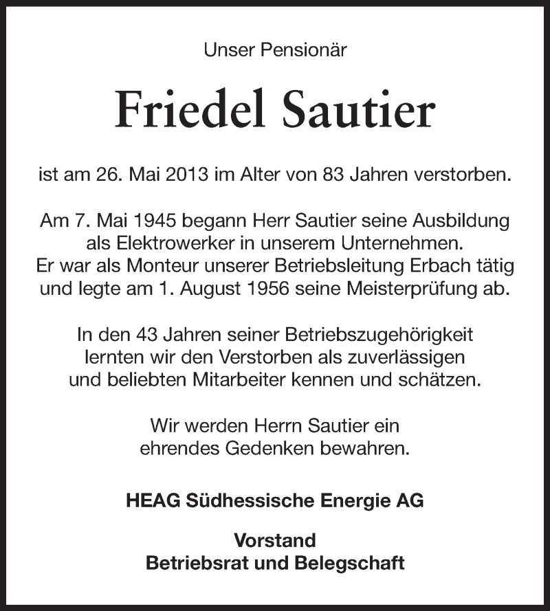  Traueranzeige für Friedel Sautier vom 08.06.2013 aus Echo-Zeitungen (Gesamtausgabe)