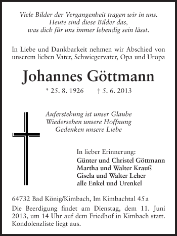 Traueranzeige von Johannes Göttmann von Odenwälder Echo