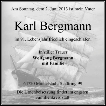 Traueranzeige von Karl Bergmann von Odenwälder Echo