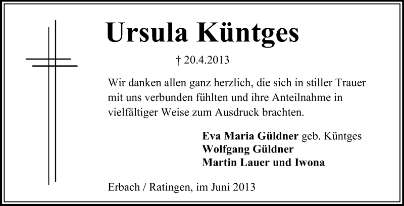  Traueranzeige für Ursula Küntges vom 08.06.2013 aus Odenwälder Echo