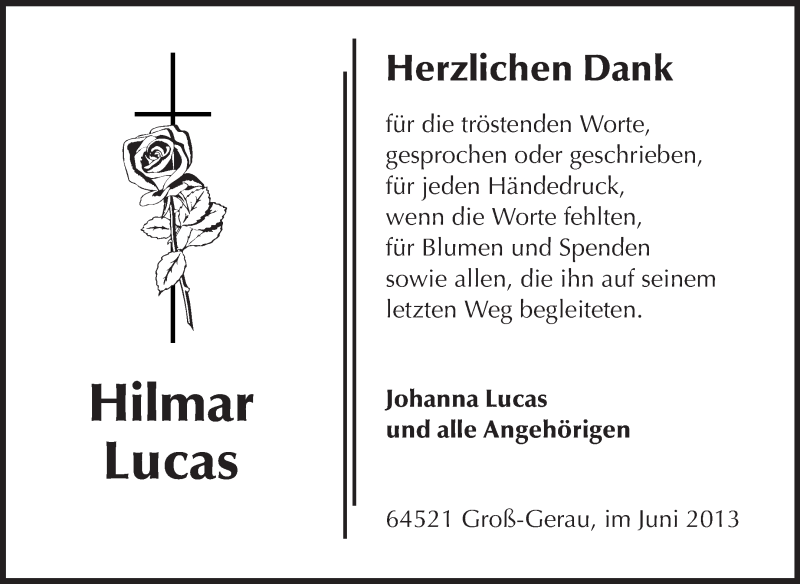  Traueranzeige für Hilmar Lucas vom 08.06.2013 aus Rüsselsheimer Echo, Groß-Gerauer-Echo, Ried Echo