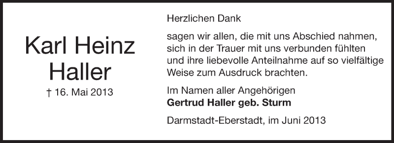  Traueranzeige für Karl Heinz Haller vom 08.06.2013 aus Echo-Zeitungen (Gesamtausgabe)