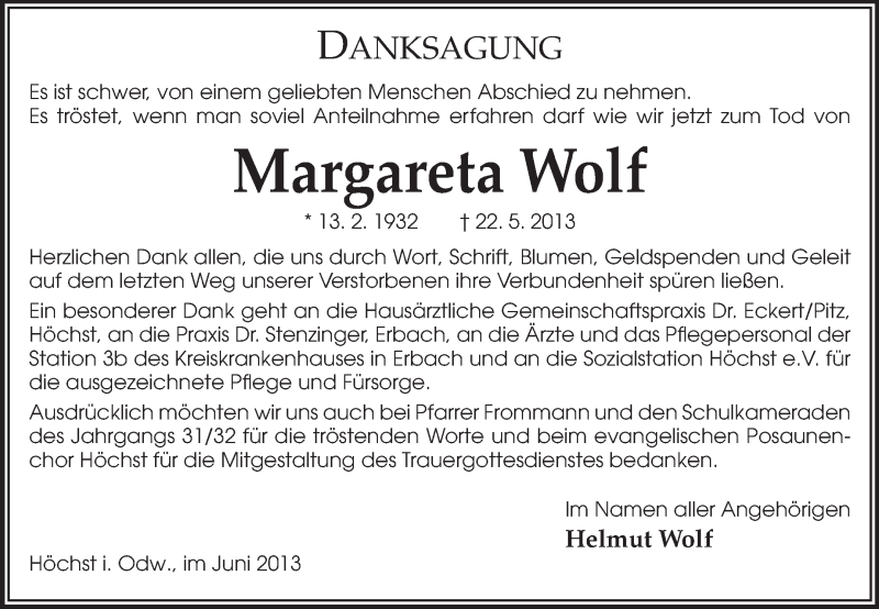  Traueranzeige für Margareta Wolf vom 08.06.2013 aus Odenwälder Echo