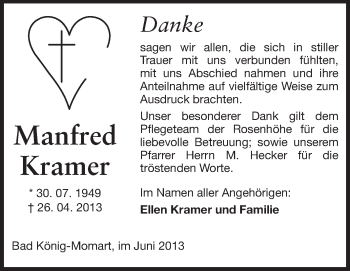 Traueranzeige von Manfred Kramer von Odenwälder Echo
