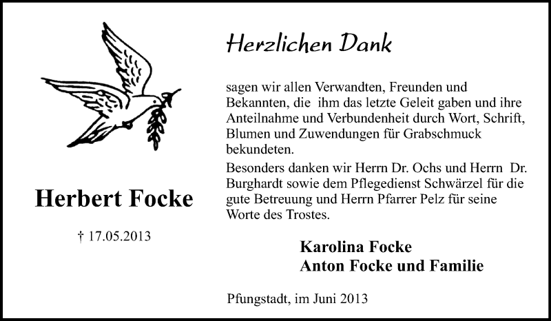  Traueranzeige für Herbert Focke vom 08.06.2013 aus Echo-Zeitungen (Gesamtausgabe)