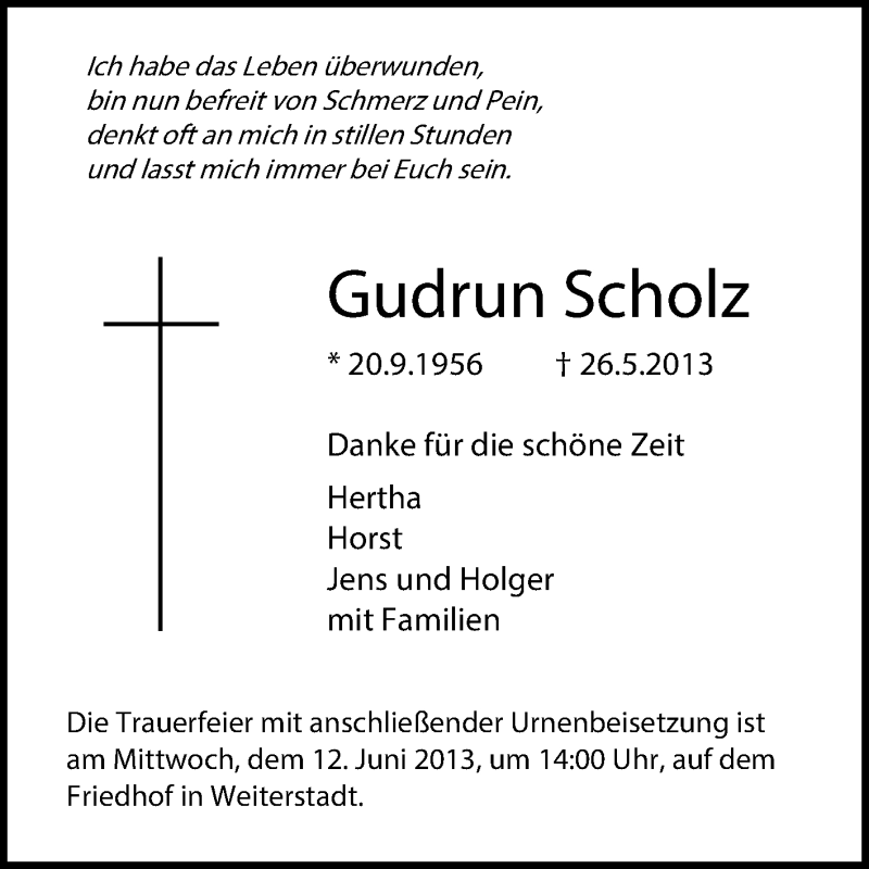  Traueranzeige für Gudrun Scholz vom 08.06.2013 aus Echo-Zeitungen (Gesamtausgabe)