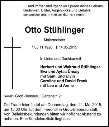 Traueranzeige von Otto Stühlinger von Echo-Zeitungen (Gesamtausgabe)