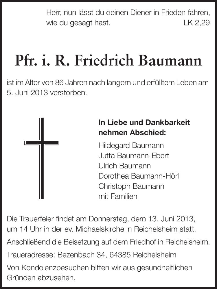  Traueranzeige für Friedrich Baumann vom 08.06.2013 aus Echo-Zeitungen (Gesamtausgabe)