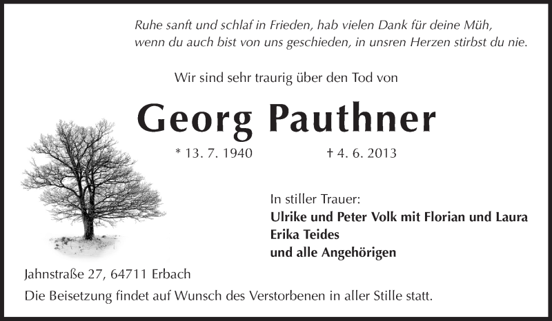  Traueranzeige für Georg Pauthner vom 08.06.2013 aus Odenwälder Echo