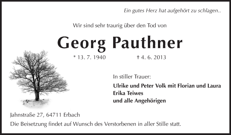  Traueranzeige für Georg Pauthner vom 14.06.2013 aus Odenwälder Echo