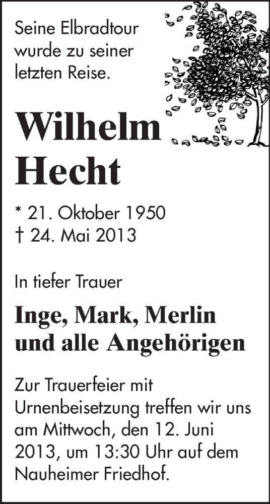  Traueranzeige für Wilhelm Hecht vom 10.06.2013 aus Echo-Zeitungen (Gesamtausgabe)