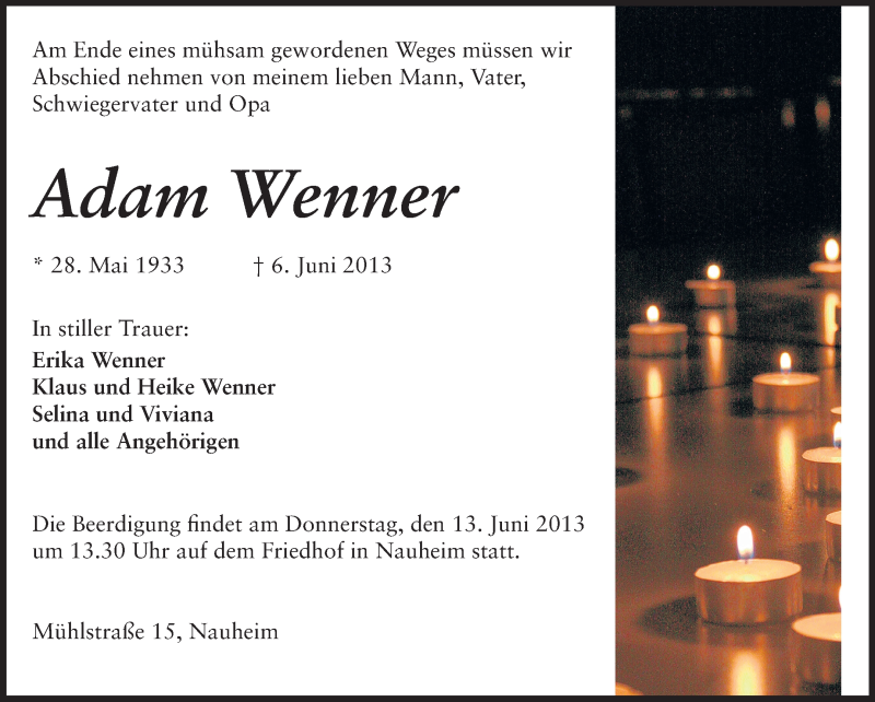  Traueranzeige für Adam Wenner vom 11.06.2013 aus Rüsselsheimer Echo, Groß-Gerauer-Echo, Ried Echo