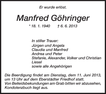 Traueranzeige von Manfred Göhringer von Echo-Zeitungen (Gesamtausgabe)