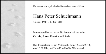 Traueranzeige von Hans Peter Schuchmann von Echo-Zeitungen (Gesamtausgabe)
