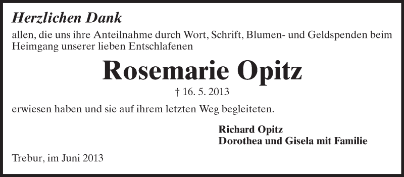  Traueranzeige für Rosemarie Opitz vom 10.06.2013 aus Rüsselsheimer Echo, Groß-Gerauer-Echo, Ried Echo