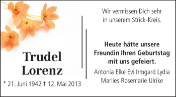 Traueranzeige von Trudel Lorenz von Starkenburger Echo