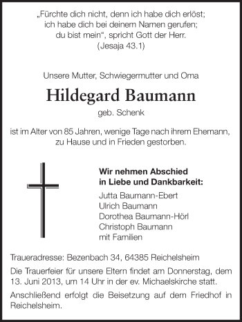 Traueranzeige von Hildegard Baumann von Echo-Zeitungen (Gesamtausgabe)
