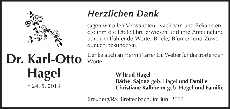  Traueranzeige für Karl-Otto Hagel vom 15.06.2013 aus Odenwälder Echo