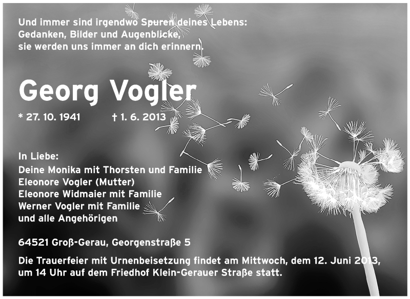  Traueranzeige für Georg Vogler vom 11.06.2013 aus Rüsselsheimer Echo, Groß-Gerauer-Echo, Ried Echo