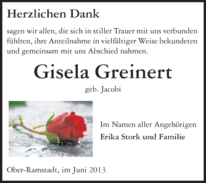  Traueranzeige für Gisela Greinert vom 15.06.2013 aus Echo-Zeitungen (Gesamtausgabe)