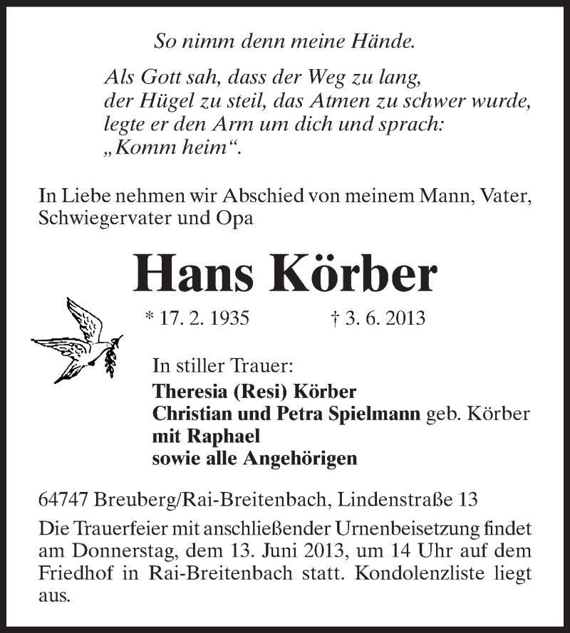  Traueranzeige für Hans Körber vom 11.06.2013 aus Odenwälder Echo