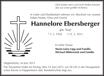 Traueranzeige von Hannelore Ebersberger von Starkenburger Echo