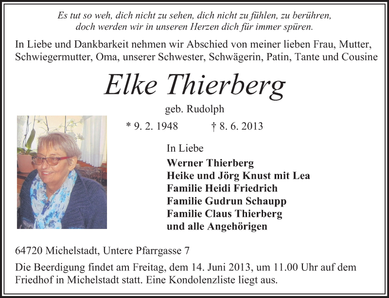  Traueranzeige für Elke Thierberg vom 11.06.2013 aus Odenwälder Echo