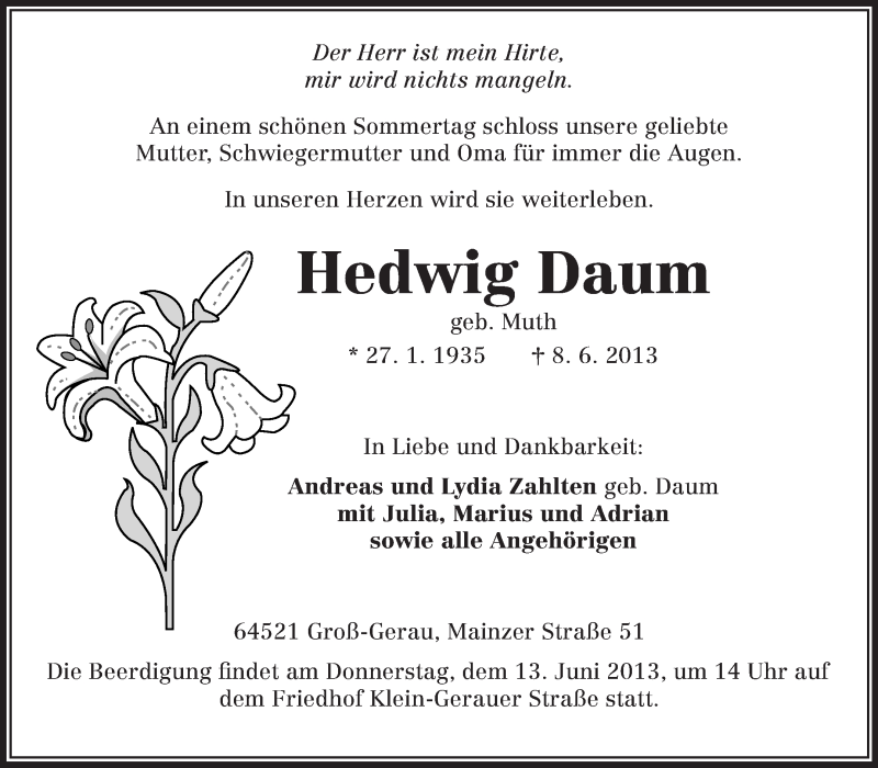  Traueranzeige für Hedwig Daum vom 11.06.2013 aus Rüsselsheimer Echo, Groß-Gerauer-Echo, Ried Echo
