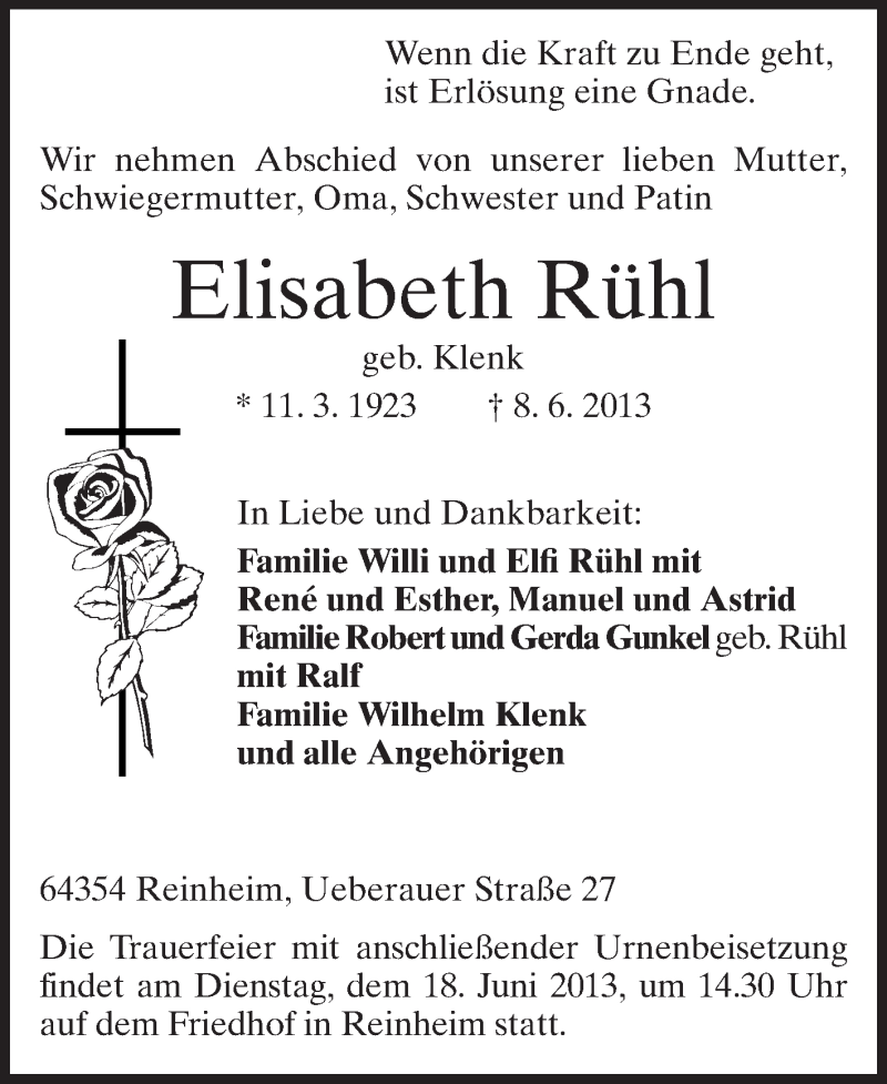  Traueranzeige für Elisabeth Rühl vom 14.06.2013 aus Echo-Zeitungen (Gesamtausgabe)