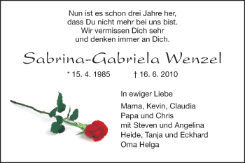 Traueranzeige von Sabrina-Gabriela Wenzel von Echo-Zeitungen (Gesamtausgabe)