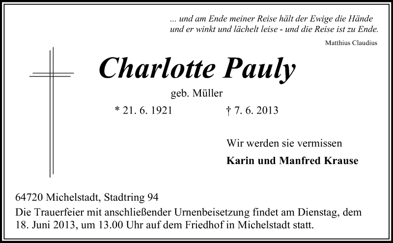  Traueranzeige für Charlotte Pauly vom 14.06.2013 aus Odenwälder Echo