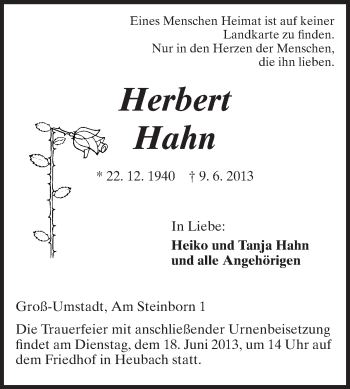 Traueranzeige von Herbert Hahn von Echo-Zeitungen (Gesamtausgabe)