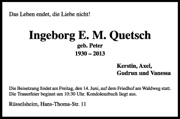 Traueranzeige von Ingeborg Quetsch von Rüsselsheimer Echo, Groß-Gerauer-Echo, Ried Echo